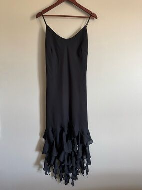 Vintage Black Maxi Slip Dress with Ruffle Hem - s/m